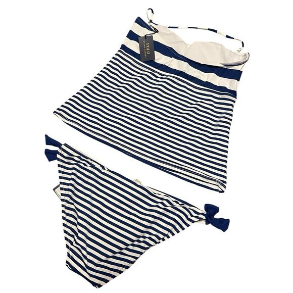 POLO Ralph Lauren Navy White Striped Nautical Tankini 2 Piece MED NWT - Picture 4 of 5